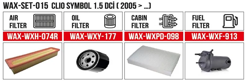 Filter Set CLIO SYMBOL 1.5 DCİ ( 2005-) (Air+Oil+Cabin+Fuel)