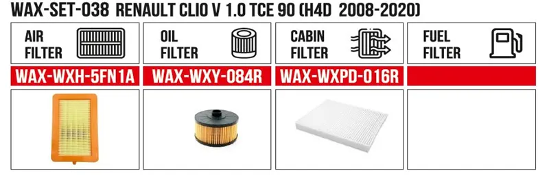 Filter Set RENAULT Clio V 1.0 TCe 90 (H4D  2008-2020)  (Air+Oil+Cabin+Fuel)