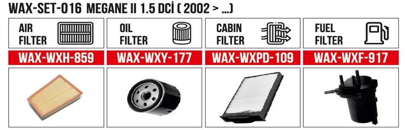Filter Set MEGANE II 1.5 DCİ ( 2002 -) (Air+Oil+Cabin+Fuel)