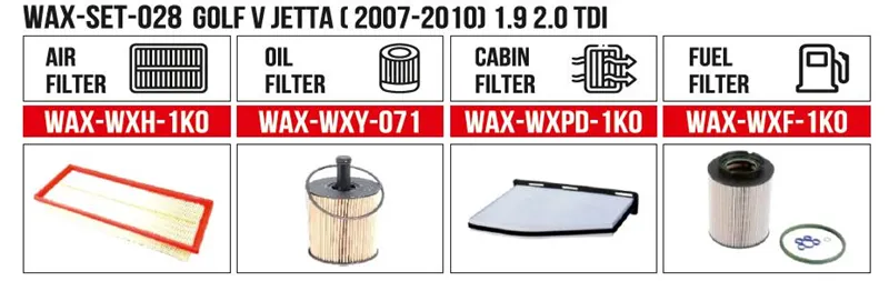 Filter Set  GOLF V JETTA ( 2007-2010) 1.9 2.0 TDI (Air+Oil+Cabin+Fuel)