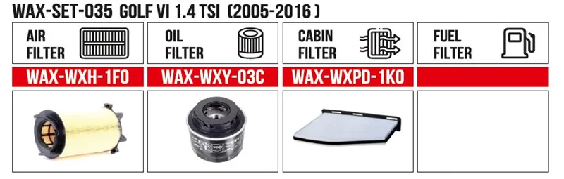 Filter Set Golf VI 1.4 TSI  (2005-2016)  (Air+Oil+Cabin+Fuel)