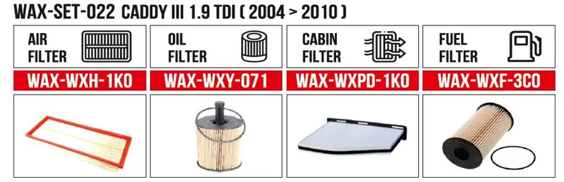 Filter Set CADDY III 1.9 TDI ( 2004 - 2010 ) (Air+Oil+Cabin+Fuel)