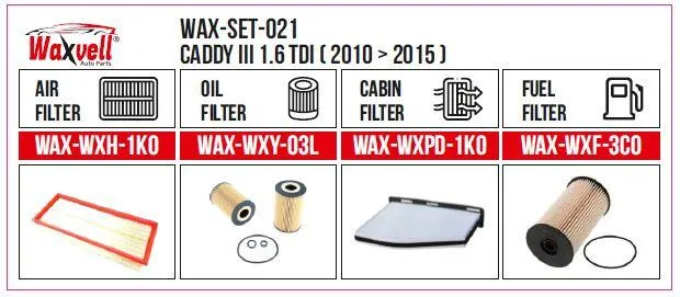 Filter Set CADDY IV 1.6 TDI ( 2010 - 2015 ) (Air+Oil+Cabin+Fuel)