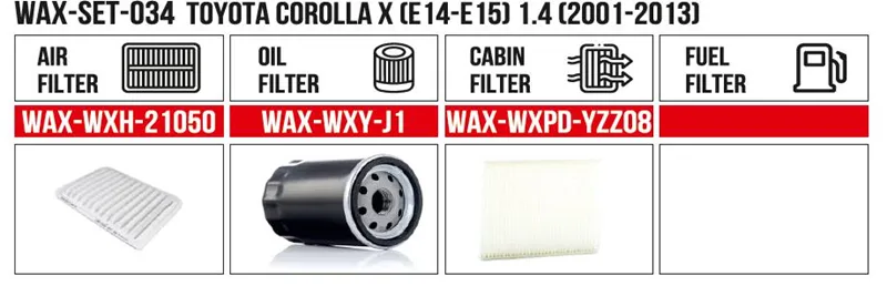 Filter Set Toyota Corolla X (E14-E15) 1.4 (2001-2013) (Air+Oil+Cabin+Fuel)