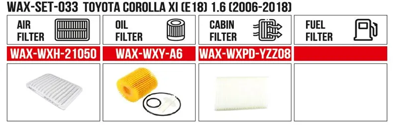 Filter Set Toyota Corolla XI (E18) 1.6 (2006-2018) (Air+Oil+Cabin+Fuel)