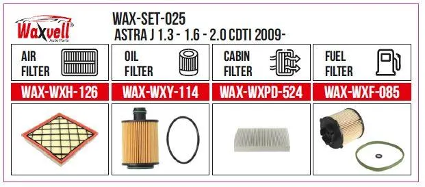 Filter Set ASTRA J 1.3 - 1.6 - 2.0 CDTI 2009- (Air+Oil+Cabin+Fuel)